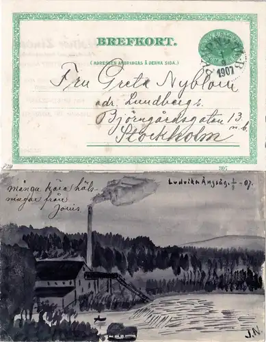 Schweden 1907, 5 öre Ganzsache m. rs. Malerei Ludvika Angsag per Bahnpost 74B