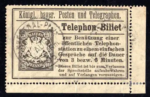Bayern 1906, 20 Pf. Telefon-Billett Ganzsache m. K1 FRANKENTHAL Pfalz