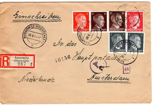 DR 1943, 6 Marken auf Auslands Reko Brief v. Sosnowitz n. NL. Europaporto!