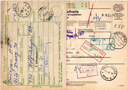 BRD 1971, Auslandspaketkarte v. WOLFSCHLUNGEN m. Schweden Gebührenzettel