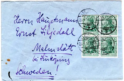 DR 1910, 4er-Block 5 Pf. Germania auf kl. Brief v. Jena n. Schweden.