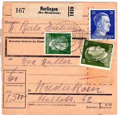 Luxemburg DR 1943, 3 Marken auf Paketkarte v. Harlingen m. rs. Zustellgebühr-L2