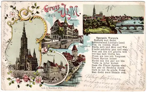 Gruss aus Ulm m. Saalbau u. Trambahn, 1902 gebr. Litho-AK