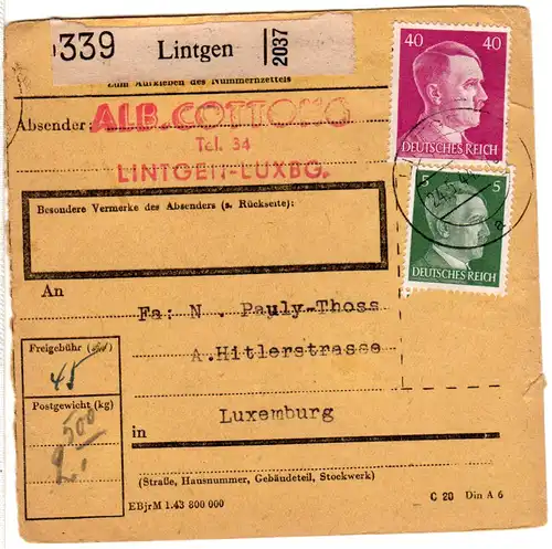 Luxemburg 1944, 5+40 Pf. auf Paketkarte v. Lintgen
