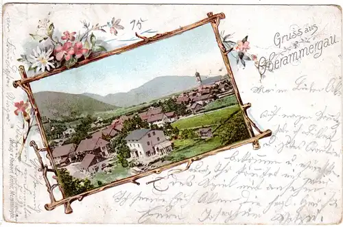 Gruss aus Oberammergau im Deko-Passepartout, 1900 gebr. Farb-AK