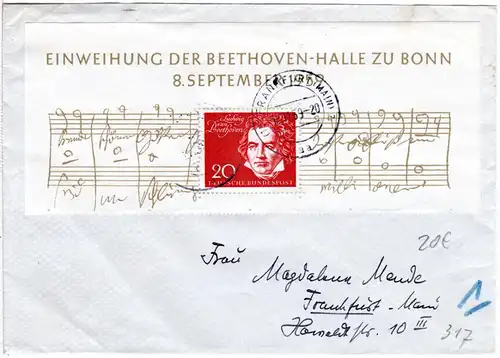 BRD 1959, 20 Pf. m. oberem Teil des Beethoven Block auf Brief v. Frankfurt