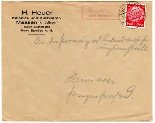 DR 1933, roter (!) Landpost Stpl. MAASEN über Sulingen auf Brief m. 12 Pf. 