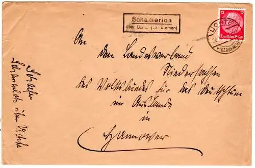 DR 1935, Landpost Stpl. SCHAMERLOH über Uchte (Bz. Bremen) auf Brief m. 12 Pf. 