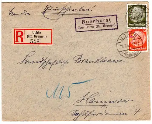 DR 1933, Landpost Stpl. BOHNHORST über Uchte auf Reko-Brief m. 12+30 Pf. 