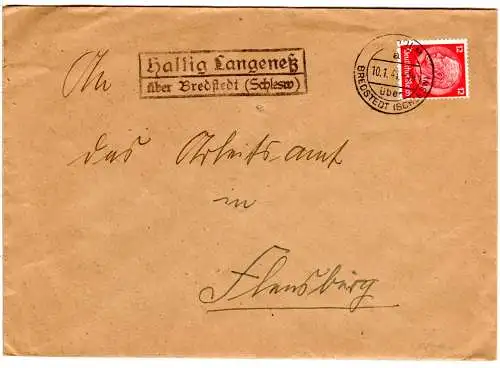 DR 1941, Landpost Stpl. HALLIG LANGENESS über Bredstedt auf Brief m. 12 Pf.