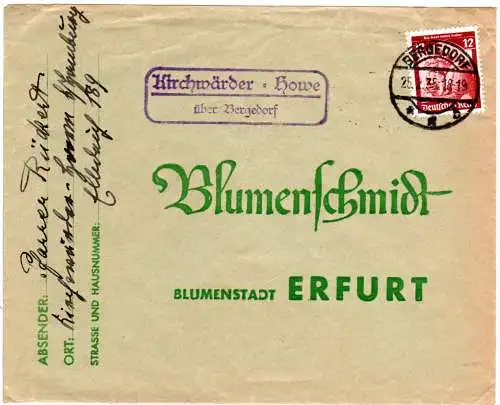 DR 1935, Landpost Stpl. KIRCHWÄRDER-HOWE über Bergedorf auf Brief m. 12 Pf.
