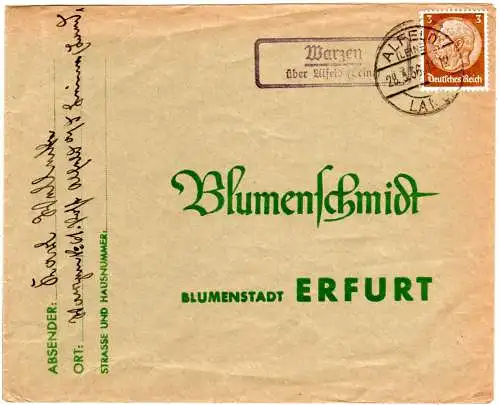 DR 1936, Landpost Stpl. WARZEN über Alfeld (Leine) auf Drucksache Brief m. 3 Pf.