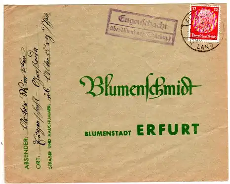 DR 1936, Landpost Stpl. EUGENSCHACHT über Altenburg auf Brief m. 12 Pf.