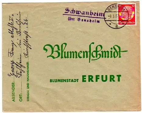 DR 1937, Landpost Stpl. SCHWANHEIM über Bensheim auf Brief m. 12 Pf.