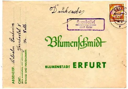 DR 1937, Landpost Stpl. HORNBOSTEL über Celle auf Drucksache Brief m. 3 Pf.