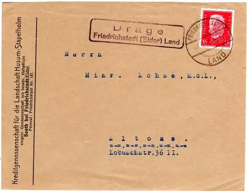 DR 1930, Landpost Stpl. DRAGE über Friedrichstadt auf Briefvorderseite m. 12 Pf.