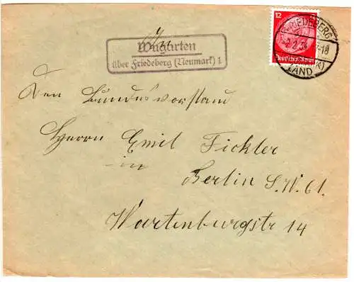 DR 1934, Landpost Stpl. WUGARTEN über Friedeberg auf Briefvorderseite m. 12 Pf.