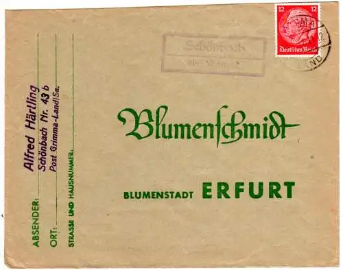 DR 1937, Landpost Stpl. SCHÖNBACH über Grimma auf Brief m. 12 Pf.