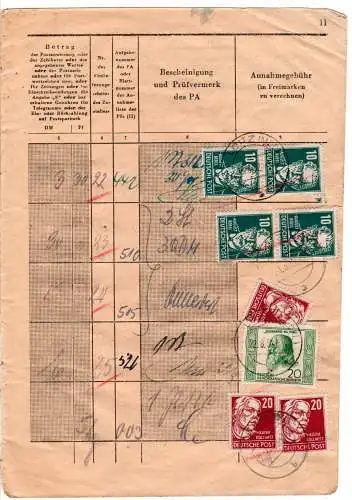 DDR 1952, 8 Marken f. Gebühren auf Seite eines Posteinlieferungsbuches v. Loitz.