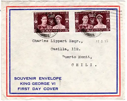 GB 1937, 2x1 1/2d on King George Coronation FDC to Chile