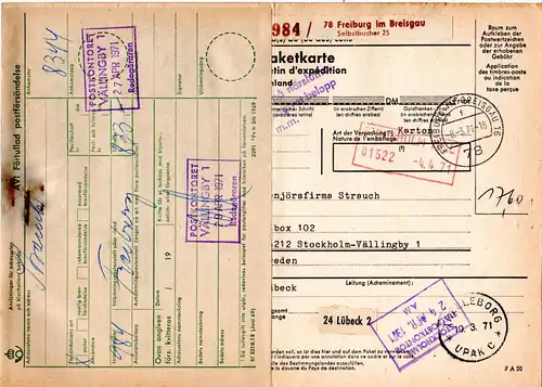 BRD 1971, Auslandspaketkarte v. FREIBURG m. Schweden Gebührenzettel