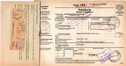 BRD 1971, Auslandspaketkarte v. FREIBURG m. Schweden Gebührenzettel