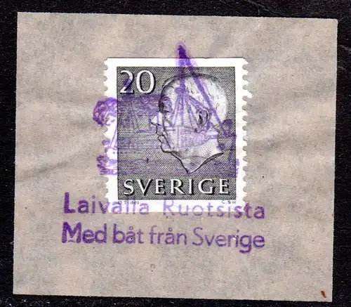 Schweden 20 öre auf Briefstück m. blauem Finnland Schiffspost Stempel m. Dampfer