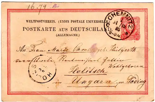 DR 1885, Klaucke Stpl. CHEMNITZ 1 c klar auf 10 Pf. Ganzsache n. Ungarn.