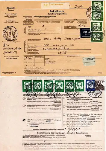 BRD 1966, 10x2 Mk.+1 Mk.+50 Pf. auf Luftpost Paketkarte v. Mainz-Kastel