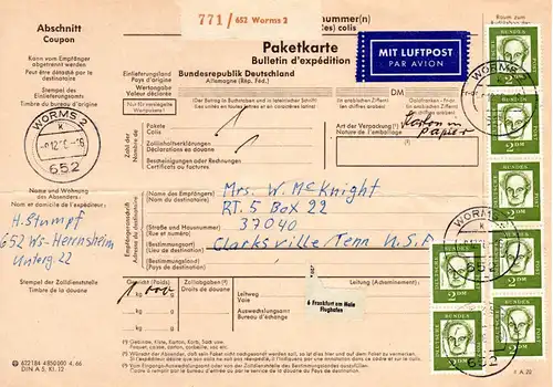 BRD 1966, reine MEF 7x2 M. auf Luftpost Paketkarte v. Worms n. USA. 