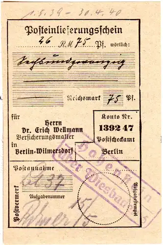 DR 1939, Landpoststempel HOHENSTEIN über Wiesbaden auf Posteinlieferungsschein!