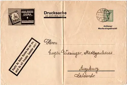 DR 1928, 5 Pf. W. Busch Privatganzsache Umschlag v. Gera n. Augsburg