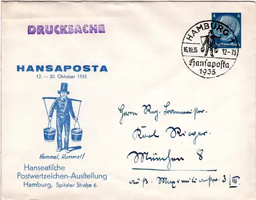 DR 1935, 4 Pf. Hansaposta Privatganzsache Umschlag m. entspr. Hamburg SoStpl.