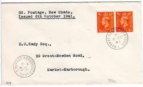 GB 1941, 2x2d auf FDC m. Ersttagsstempel v. Market Harborough