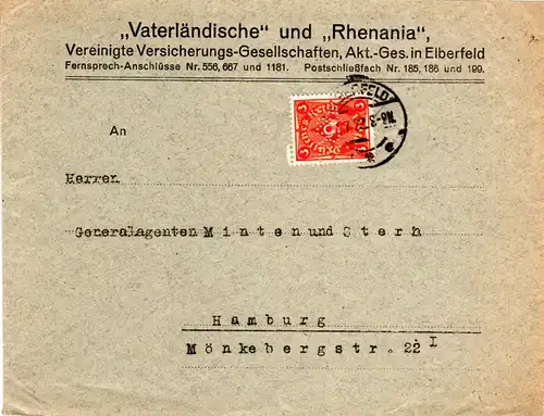 DR 1922, 3 Mk. m. perfin Firmenlochung auf Versicherungs Brief v. Elberfeld.