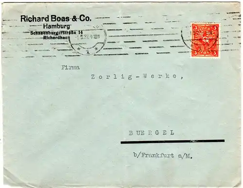 DR 1926, 3 Mk. m. perfin Firmenlochung auf Firmen Brief v. Hamburg