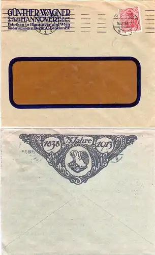 DR 1913, 10 Pf. Germania m. perfin Firmenlochung auf Brief v. Hannover