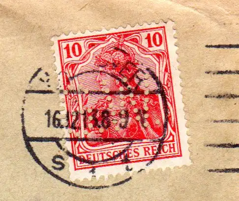 DR 1913, 10 Pf. Germania m. perfin Firmenlochung auf Brief v. Hannover