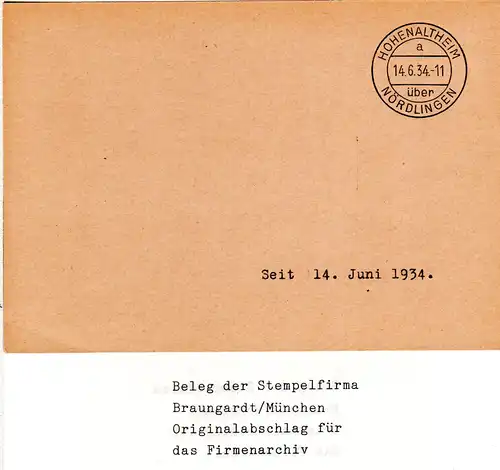 HOHENALTHEIM über NÖRDLINGEN Stempelprobe vom Archiv der Stempelfirma Braungardt