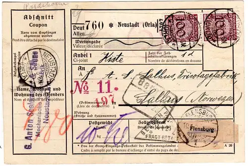 DR 1926, 4x100+80 Pf. vorder- u. rücks. auf Paketkarte v. Neustadt n. Norwegen