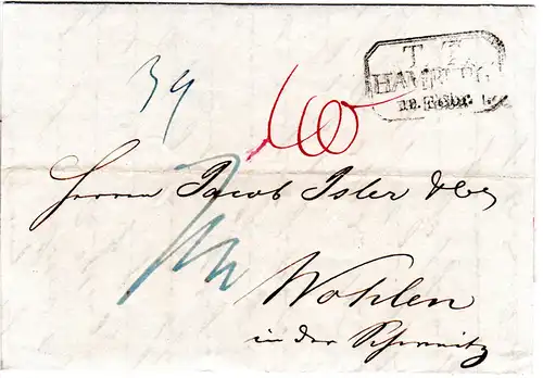 Hamburg 1834, Taxis R3 TT Hamburg auf Porto Brief i.d. Schweiz