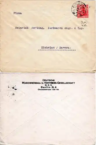 DR 1915, 10 Pf. Germania m. perfin D.M.V.G. auf Brief v. Berlin n. Michelau