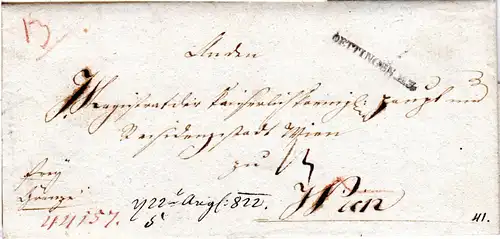 Bayern 1822, L1 OETTINGEN R.3. auf Brief "frei Grenze" n. Österreich