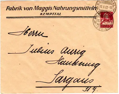 Schweiz 1922, 20 C. Maggi Privat Ganzsache Brief v. Kempttal