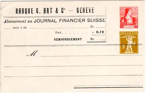 Schweiz, ungebr. 2+10 C. Privat Ganzsache Banque G.Art&Cie-Geneve