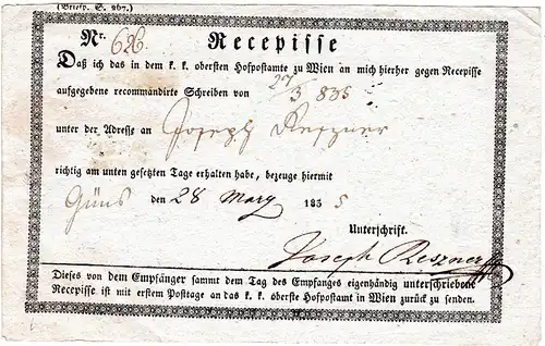 Österreich 1835, Postschein Recepisse f. einen Reko Brief v. Güns