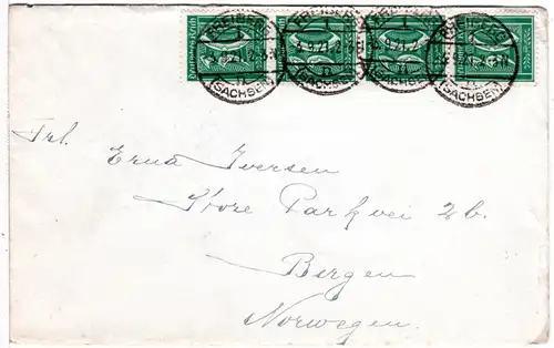 DR 1921, MeF 4er-Streifen 30 Pf. auf Brief v. Freiberg (Sachsen) n. Norwegen