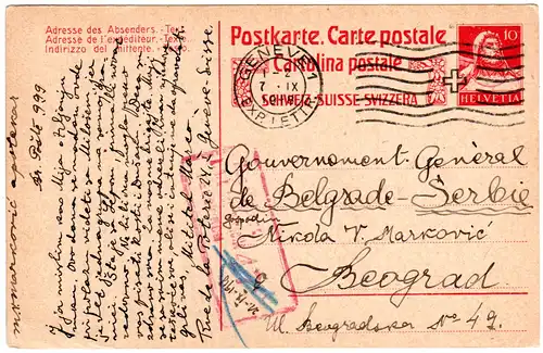 Schweiz 1919, 10 C. Ganzsache v. Geneve m. Feldkirch Zensur n. Serbien!