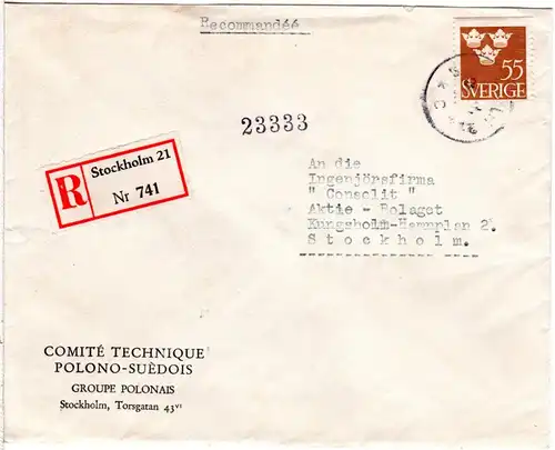 Schweden, EF 55 öre auf portorichtigem Reko-Orts-Brief v. Stockholm.