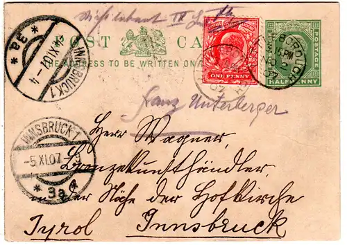 GB 1907, 1d on 1/2d stationery to Austria with LITTLEBOROUGH thimble cds